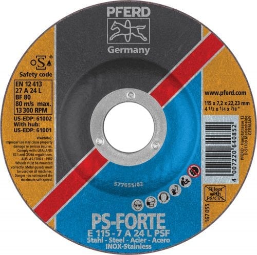 Pferd 4-1/2" X 1/4" Grinding Wheel 7/8"Ah 24 Grit - Type 27