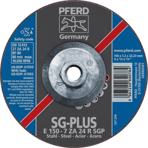 Pferd 6" X 1/4" Grinding Wheel 5/8-11 Thd 24 Grit - Type 27
