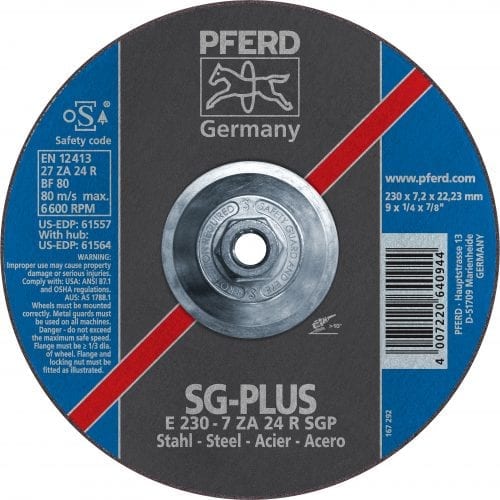Pferd 9" X 1/4" Grinding Wheel 5/8-11 Thd 24 Grit - Type 27