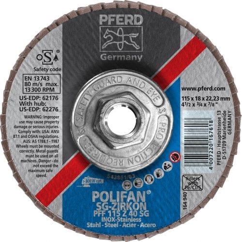 Pferd 4-1/2" Polifan Flap Disc  5/8-11 Thd 40 Grit - Type 1