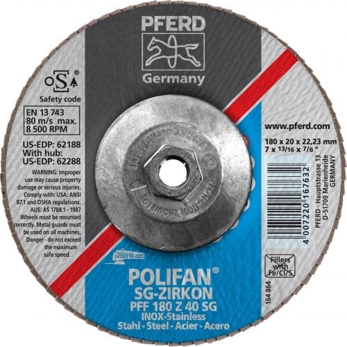 Pferd 7" Polifan Flap Disc  5/8-11 Thd 40 Grit - Type 1
