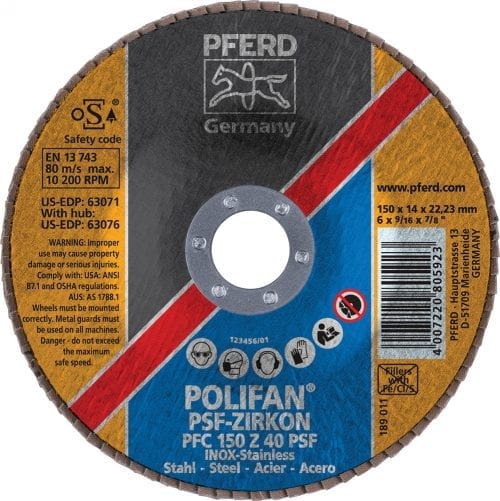 Pferd 6" Polifan Flap Disc  7/8"Ah 40 Grit - Type 29