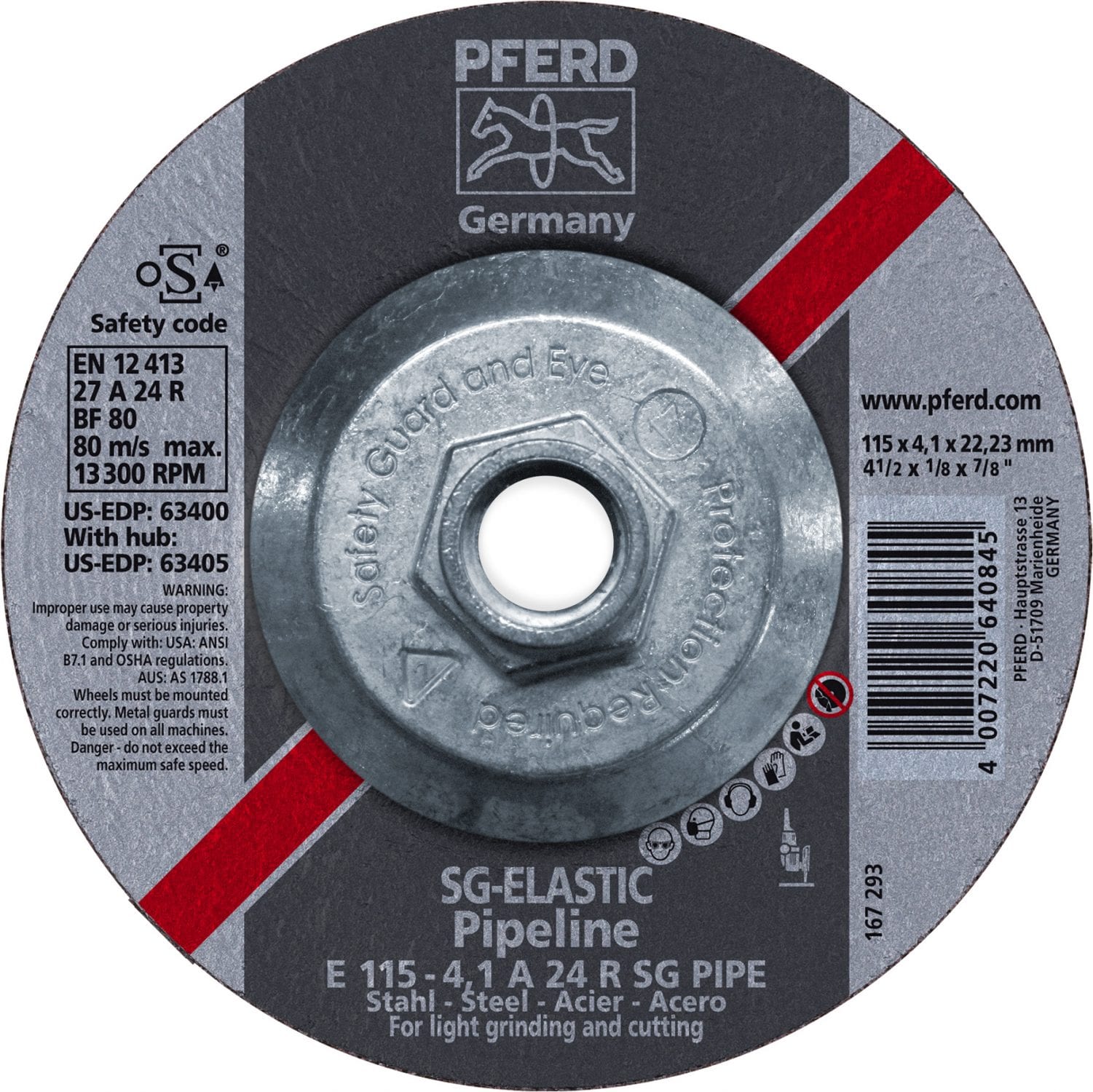 Pferd 4-1/2″ X 1/8″ Pipeline Wheel 5/8-11 Thd 24 Grit – Type 27