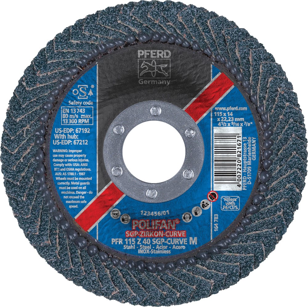 Pferd 4-1/2″ Polifan Curve Flap Disc 7/8″Ah 40 Grit Medium Radius