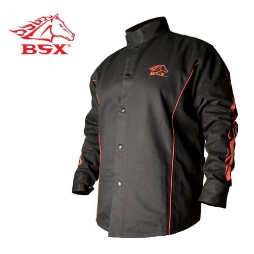 Black Stallion BSX Contoured FR Cotton Welding Jacket, Black with Red Flames